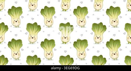Cute seamless bok choy vegetable character pattern in kawaii cartoon style for kids and nursery design Stock Vector