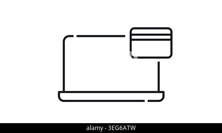 Online payment and e-commerce laptop icon: portable computer with credit card, minimalist black line art vector illustration for fintech. Stock Vector