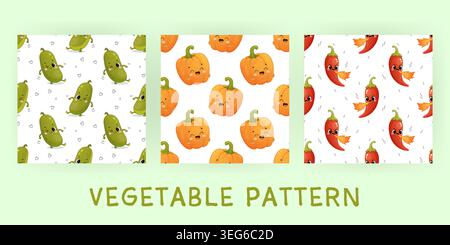 Cute seamless vegetable patterns with cucumber pumpkin and chili characters in kawaii cartoon style Stock Vector