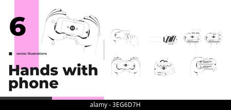 Various phone gestures line neo brutalism tutorial graphic pack Stock Vector