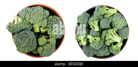 High-angle studio shot of two ceramic bowls filled with fresh green broccoli florets, perfectly isolated on a white background for commercial food pho Stock Photo