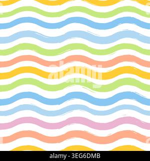 Vector seamless wavy stripe pattern with pastel colorful lines, retro abstract background inspired by summer boho and beach aesthetics. Colorful wavy Stock Vector