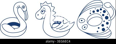 Set of inflatable animal-shaped swimming rings. Dinosaur, flamingo, stingray. Hand drawn outline of childrens swimming equipment. Summer beach holiday Stock Vector