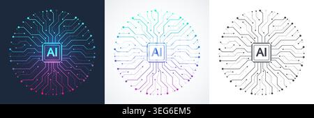 Modern handmade vector icon, sign, logo circuit line style in the Artificial intelligence concept. Set AI processor icon flat design. Motherboard Stock Vector