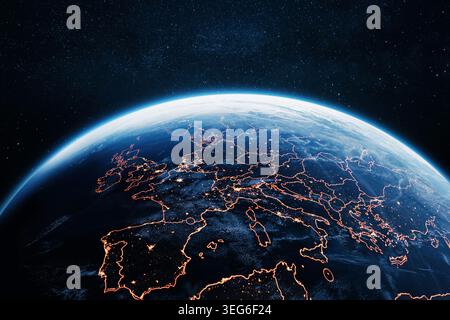 stunning satellite view of Europe at night from space, showing glowing city lights and golden country borders against the dark blue planet Earth, with Stock Photo
