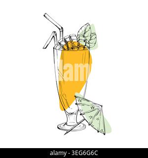 Tropical mango drink, smoothie in hurricane glass. Mint leaf, cocktail umbrella. Isolated illustration hand drawn ink vector style. Poolside milkshake Stock Vector