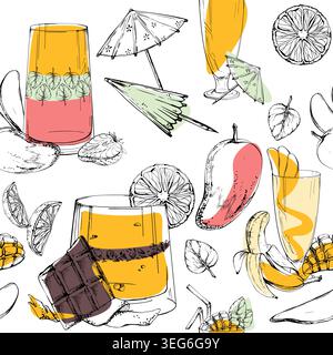 Seamless citrus, mango and strawberry smoothie milkshake pattern. Mango, banana fruits, cocktail paper umbrellas. Hand drawn ink vector. Juice carton Stock Vector