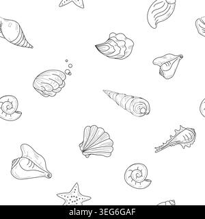 Seashells and starfish, seamless hand-drawn pattern. Vector illustration. Marine inhabitants from the ocean floor, the drawing is isolated on a white Stock Vector