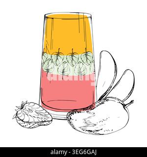 Layered milkshake of strawberry, exotic mango in tall glass with mint band. Hand drawn ink vector illustration. Juice truck posters, fruit cup Stock Vector