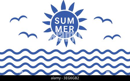 Minimalist Blue Summer Sun and Sea Waves Vector Emblem Stock Vector