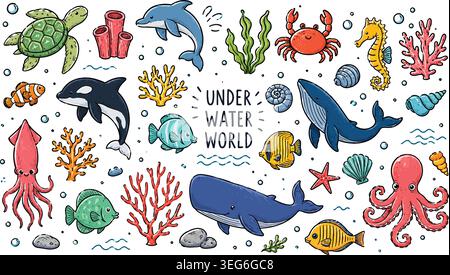Underwater World Cute Sea Creatures and Coral Reef Doodle Vector Set Stock Vector