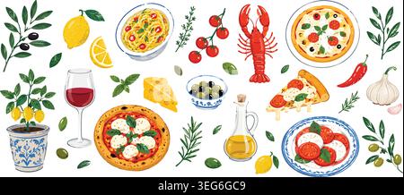 Italian Cuisine Food and Mediterranean Ingredients Vector Illustration Set Stock Vector