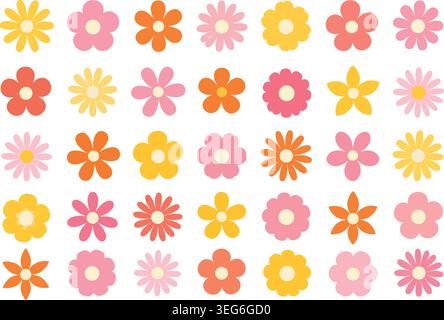 Retro 70s Groovy Flower Power Vector Icons Set Stock Vector