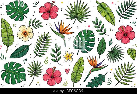 Hand Drawn Tropical Leaves and Exotic Flowers Doodle Vector Illustration Set Stock Vector
