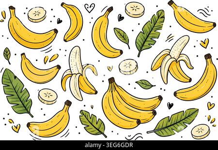 Hand Drawn Banana Fruit and Palm Leaves Doodle Vector Illustration Set Stock Vector