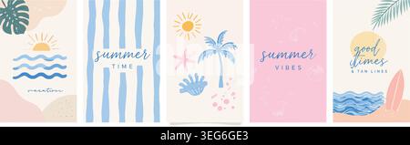 Abstract Minimalist Summer Beach Stories Greeting Cards Vector Set Stock Vector