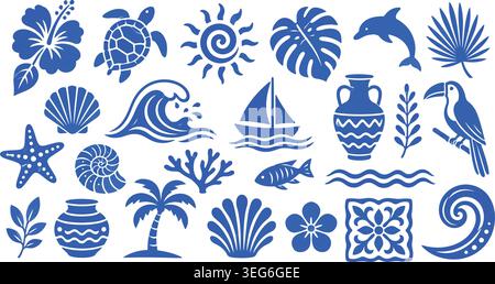 Mediterranean and Tropical Summer Blue Stencil Vector Icons Set Stock Vector