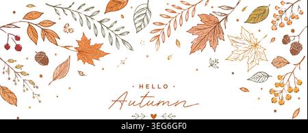 Hello Autumn Hand Drawn Leaf Border Vector Banner Stock Vector