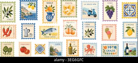 Vintage Italian Travel Postage Stamps Vector Illustration Set Stock Vector