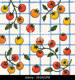 Hand Drawn Cherry Tomatoes Seamless Pattern on Plaid Background Stock Vector