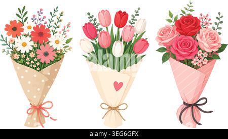 Beautiful Flower Bouquets Vector Illustration Set Stock Vector