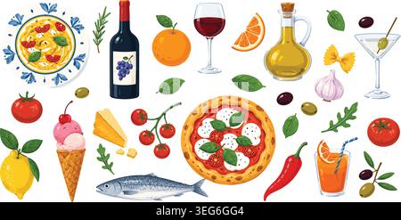 Italian Cuisine Food and Drink Vector Illustration Set Stock Vector