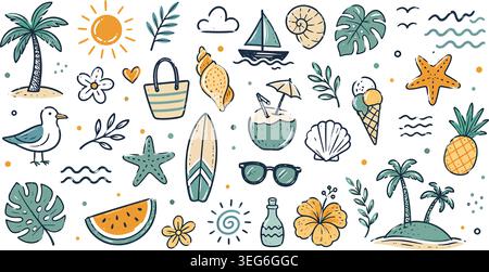 Hand Drawn Summer Beach Doodles Vector Elements Set Stock Vector