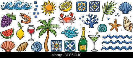 Hand-Drawn Mediterranean Summer Beach and Coastal Life Doodle Set Stock Vector