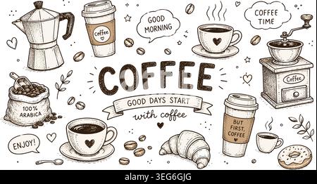 Hand-Drawn Coffee Shop and Bakery Doodle Element Set Stock Vector