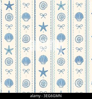 Nautical Blue Seashell and Starfish Stripe Seamless Pattern Stock Vector