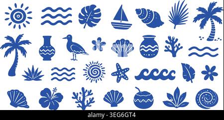 Mediterranean Style Blue Tropical and Ocean Silhouette Icon Set Stock Vector