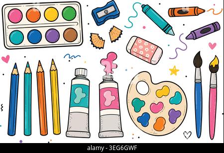 Cute Hand-Drawn Art Supplies and School Stationery Doodle Set Stock Vector