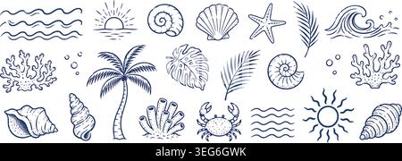 Hand-Drawn Summer Beach and Ocean Life Doodle Icon Set Stock Vector