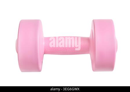 Pink vinyl fitness dumbbell isolated on white background Stock Photo