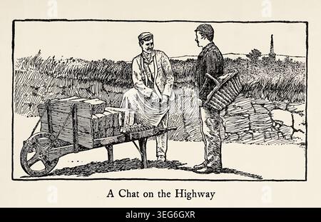 Two working men engaging in a friendly chat on a country road, one resting on a loaded wheelbarrow with peat blocks, the other carrying a large basket on his back. from ' The land of heather ' by Clifton Johnson, 1865-1940 Publication date 1903 Stock Photo