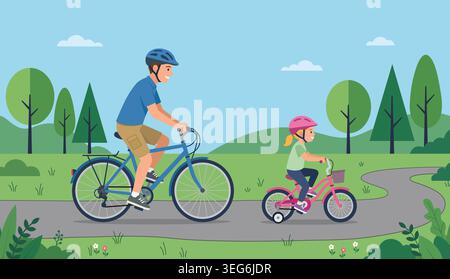 Father And Daughter Riding Bicycles In Park For Father's Day Celebration Vector Illustration Stock Vector