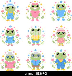 Collection frog family characters in floral wreaths. Vector set for nursery and children design. Stock Vector