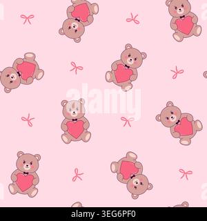 Seamless pattern with teddy bears holding hearts and pink bows. Vector background for Valentine’s Day designs. Stock Vector