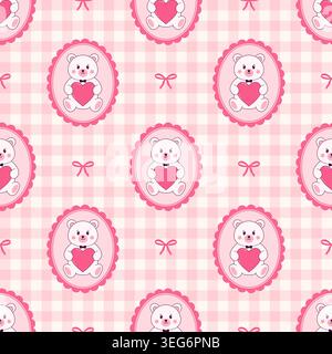 Seamless pink gingham pattern with white teddy bears in frames holding hearts. Vector background for nursery design. Stock Vector