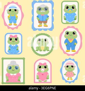 Seamless pattern of frog family portraits in decorative frames.  Stock Vector