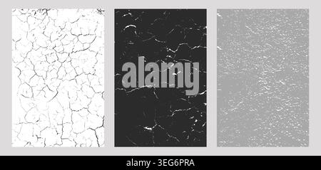 Set of three cracked surface textures in black-and-white and gray, abstract grunge patterns resembling dried earth, marble, and weathered material Stock Vector