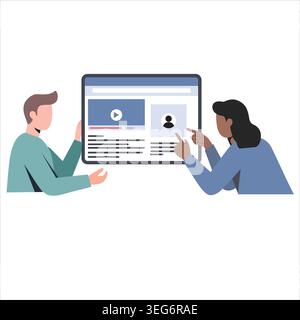 Diverse man and woman pointing at a computer screen showing a video player and user profile icon page Stock Vector