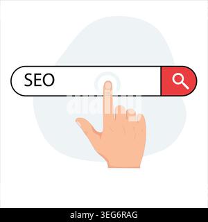 Human hand clicking on a search bar with seo text and a red magnifying glass icon for web browsing Stock Vector