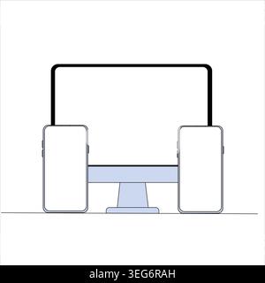 Computer monitor and two mobile phones side by side in a simple flat line drawing illustration style Stock Vector