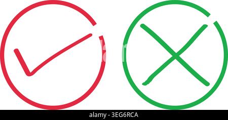 Red check mark and green cross symbol icons for yes or no selection and correct or incorrect choice Stock Vector