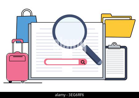 A search magnifying glass over a document with travel suitcase shopping bag and office folder icon Stock Vector