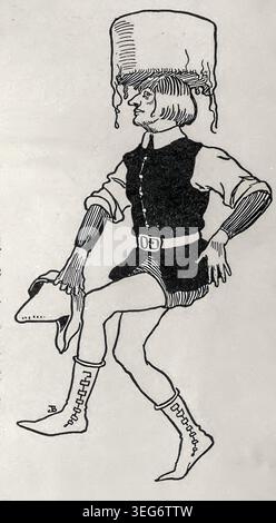 LAZY JACK - Storybook character depicted in black and white line art, wearing a distinctive, tall, dripping hat and tall boots, holding another hat while walking or dancing. illustrated by Willard Bonte from The oak-tree fairy book; favorite fairy tales edited by Clifton Johnson, 1865-1940, Published 1905 Stock Photo
