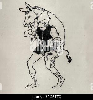 LAZY JACK - Man in old clothing carrying a large donkey on his back, a traditional scene illustrating a classic fable about burden, foolishness, and effort. illustrated by Willard Bonte from The oak-tree fairy book; favorite fairy tales edited by Clifton Johnson, 1865-1940, Published 1905 Stock Photo