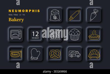 Bakery set icon. Flour, rollingpin, bag, oven, mixer, cupcake, pie, sign, mitt, pretzel, truck, croissant, bread, pastry, baking, food. Stock Vector