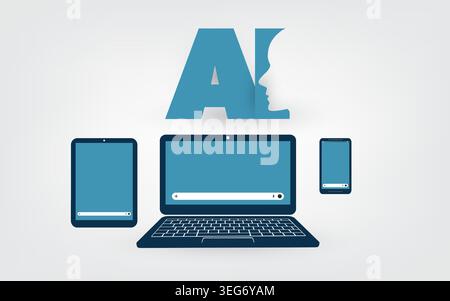 Artificial intelligence concept illustration featuring AI typography with a humanoid robot profile silhouette above various mobile devices with screen Stock Vector
